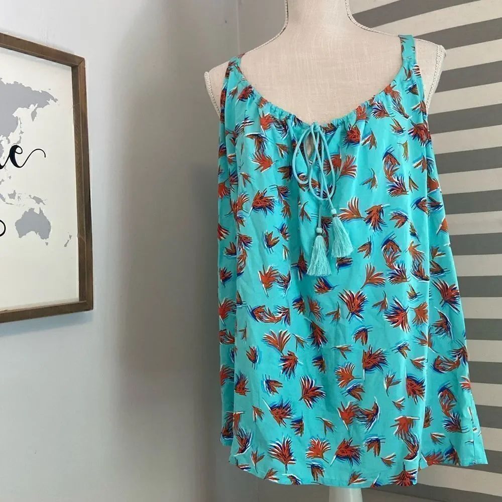 CAbi Blue Palm Print All Aboard Tassel Tank Style 5230 Size Medium
